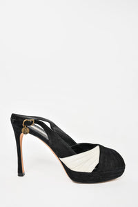 Saint Laurent Black Suede/Cream Leather Peep Toe Slingback Heels Size 41