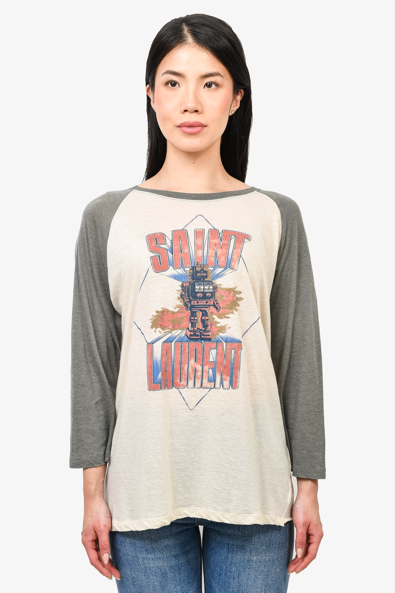 Saint Laurent Cream Robot Graphic Raglan L S T Shirt sz L w Tags