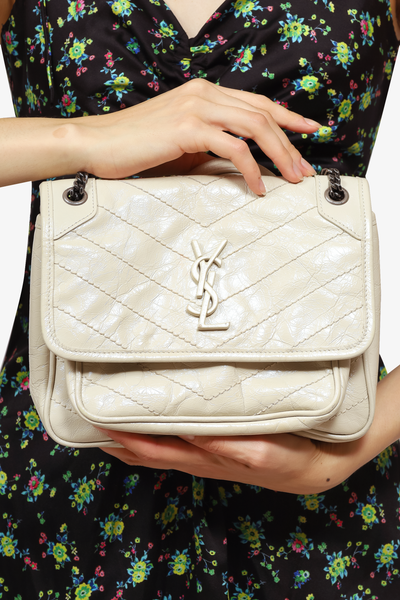 Saint Laurent White Crinkle Leather Baby Niki Shoulder Bag