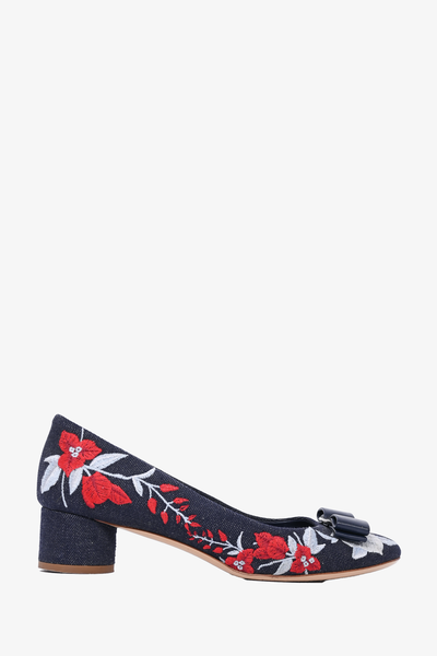 Salvatore Ferragamo Blue Denim Floral Embroidered 'Vera' Heels