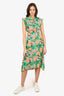 Sandro Green/Peach Floral Ruffle Belted Dress Size 38