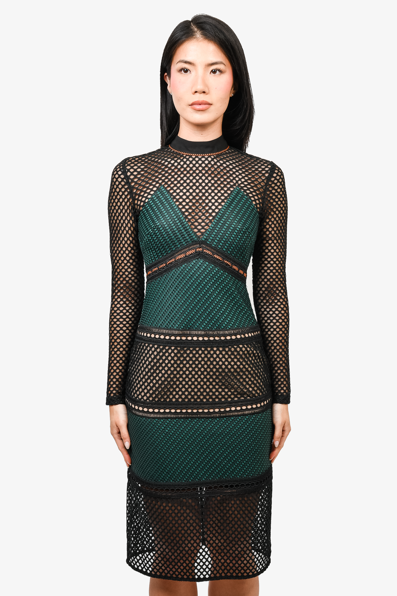 Self Portrait Black Green Eyelet Overlay L S Midi Dress sz 2