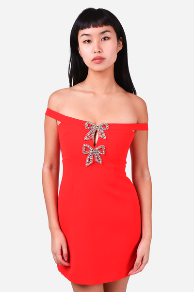 self portrait red bow mini dress Self-Portrait Red Crystal Bow Crepe Mini Dress S Self-Portrait