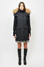 Soia & Kyo Black Wool Coat w/ Quilted Interior and Fur Trim sz XS