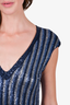 St. John Blue Striped Sequin V-Neck Flared Midi Dress Size 6