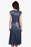 St. John Blue Striped Sequin V-Neck Flared Midi Dress Size 6