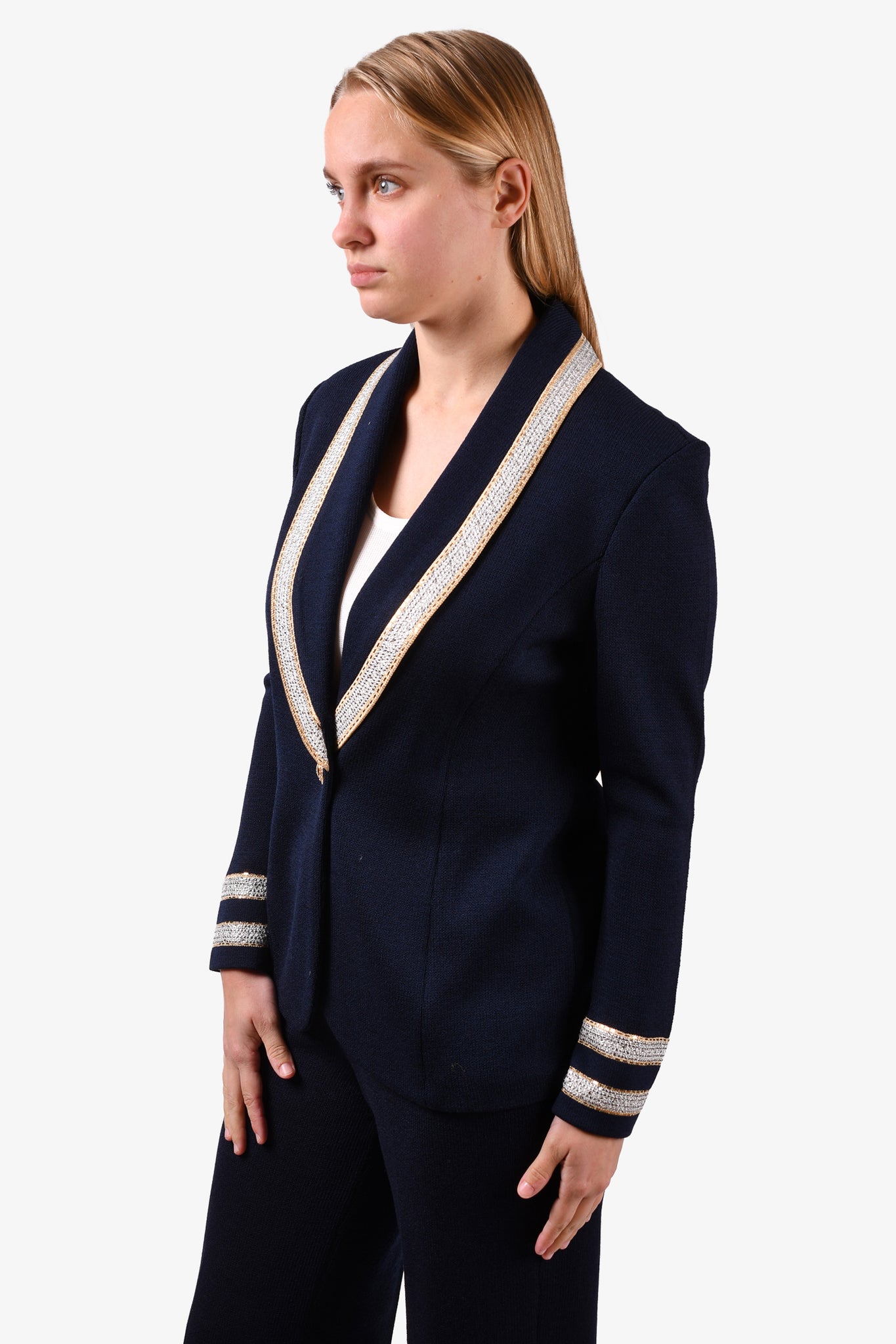 St. John Navy Wool Sequin Embellished Lapel Blazer Set Size 2 – Mine & Yours