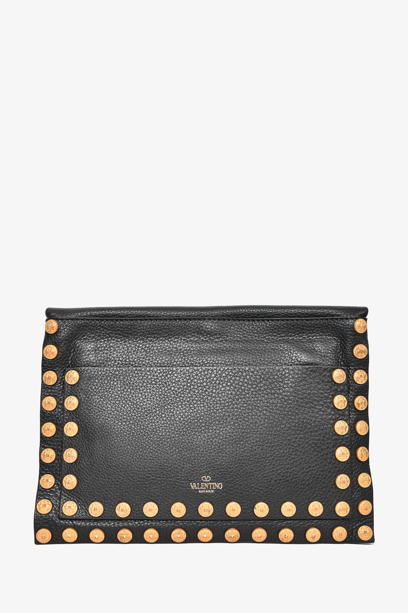 Valentino Black Grained Leather Gold Hardware Embellished Flap