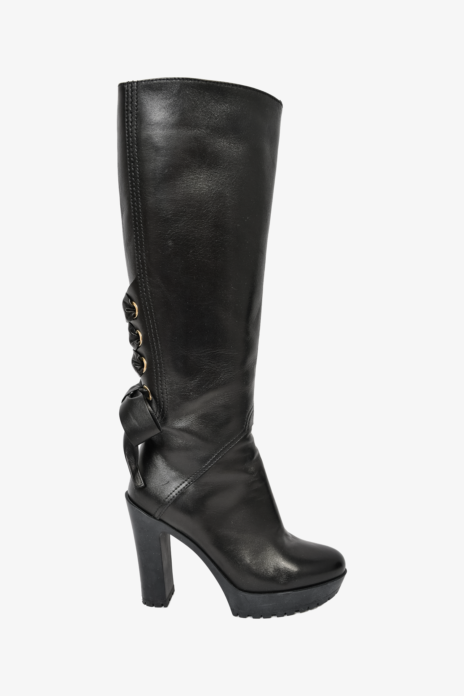 Valentino Black Leather Lace Up Detail Knee High Heeled Boots sz