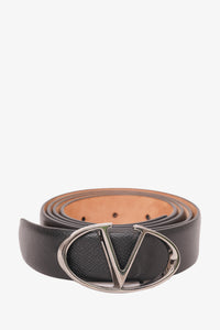 Valentino Black Leather V-Logo Buckle Belt