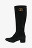 Valentino Black Suede Block Heel Knee High Boots Size 37.5