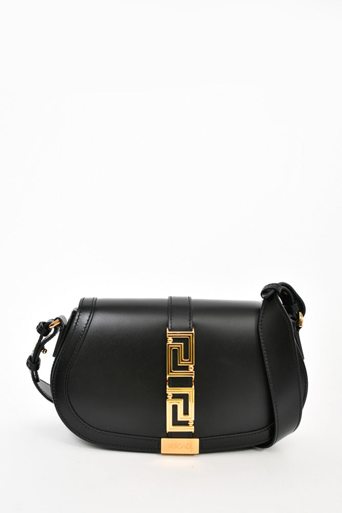 Versace Black Leather "Greca" Foldover Crossbody w/ Extra Chain Strap (Retail $3625)