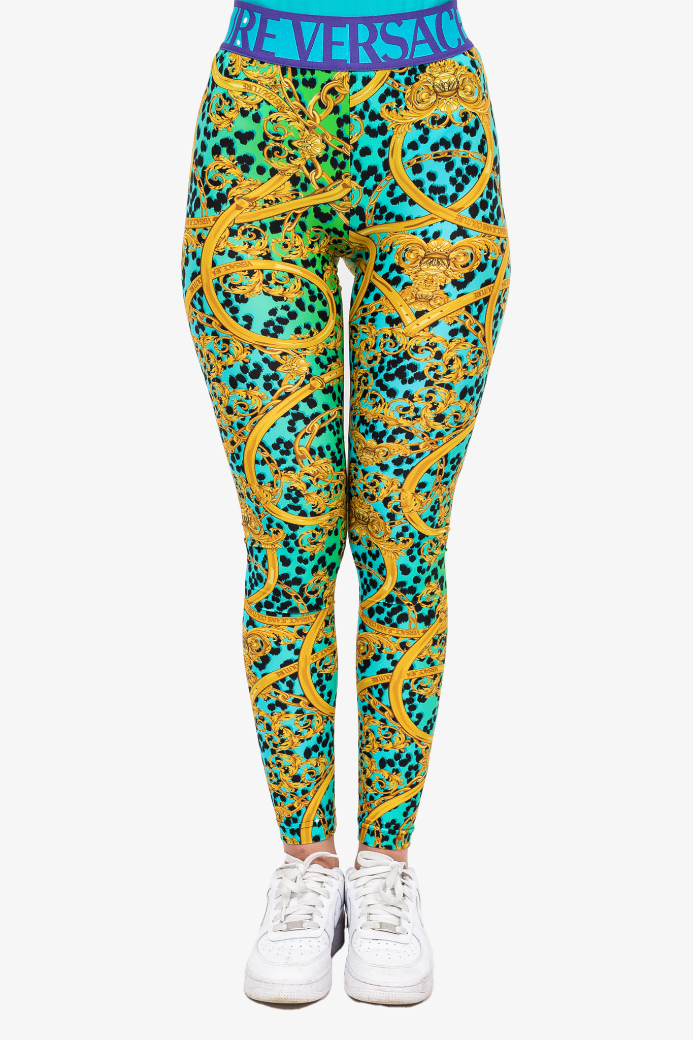 Versace Jeans Couture Blue/Yellow Printed Logo Waistband Leggings