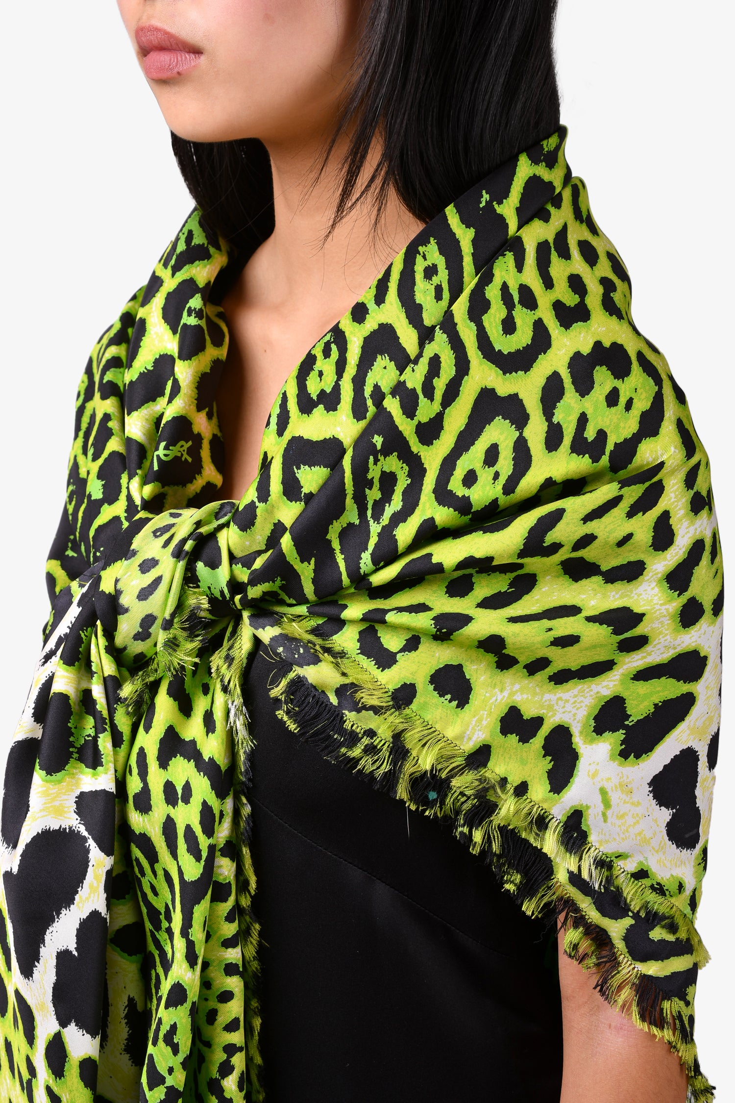 Yves Saint Laurent Green/Black Silk 'YSL' Logo Animal Print Scarf