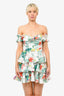 Caroline Constas White/Green Floral Print Tiered Lace Dress Est. sz S