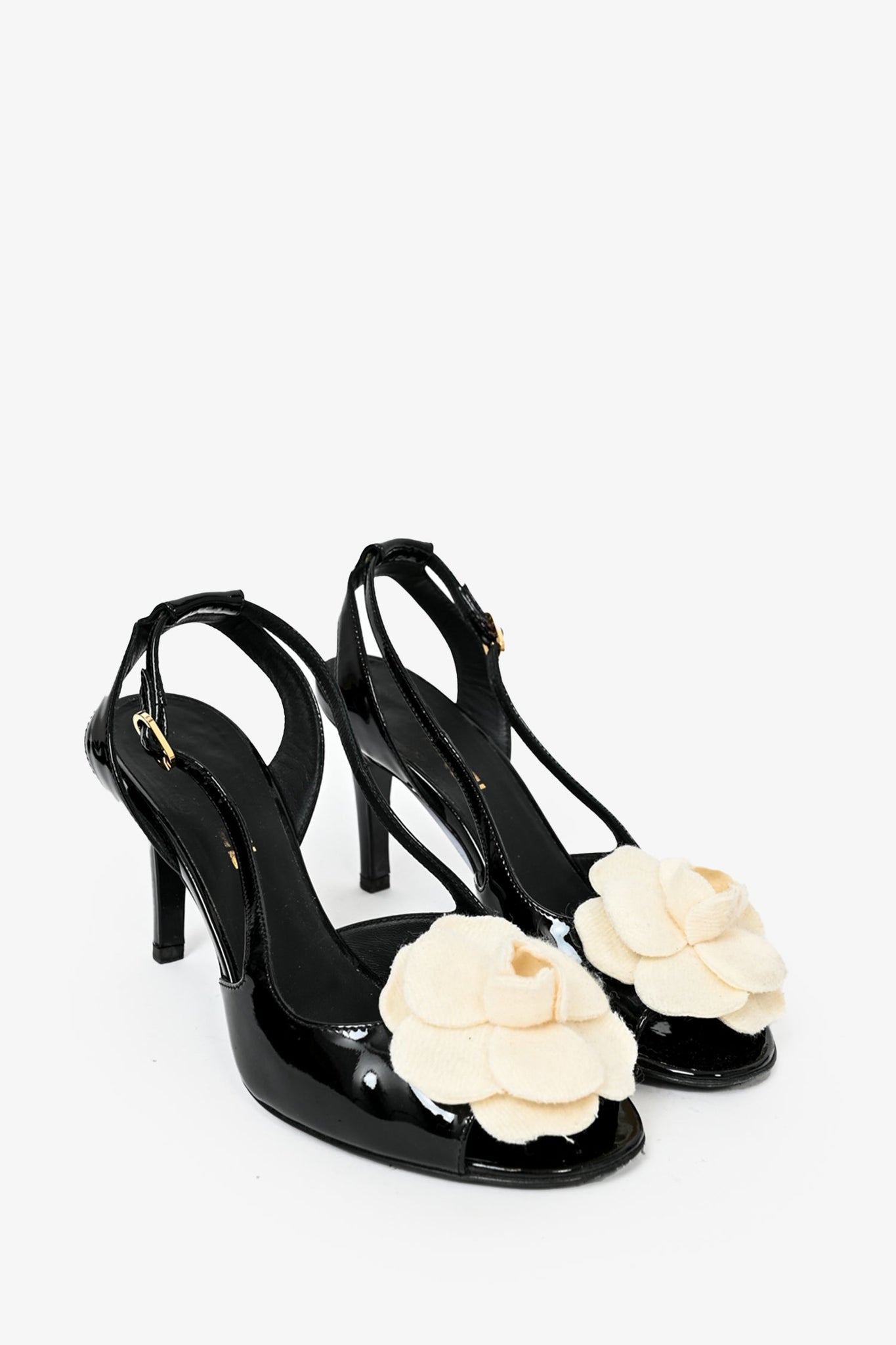 Chanel Black Patent Camelia Flower Heeled Sandals sz 36.5 – Mine