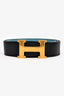 Hermès Blue Leather Gold-Tone Strié Reversible 32mm Constance H Belt Size 95