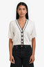 Brunello Cucinelli White Cotton Cable Knit Three-Quarter Sleeve Beaded Buttoned Sweater Size XXS