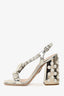 Miu Miu Silver Leather Crystal Embellished Block Heel Sandal Size 35.5