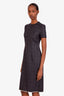 Prada Grey Wool Checked Bow Detail Short Sleeve Midi Dress Size 36