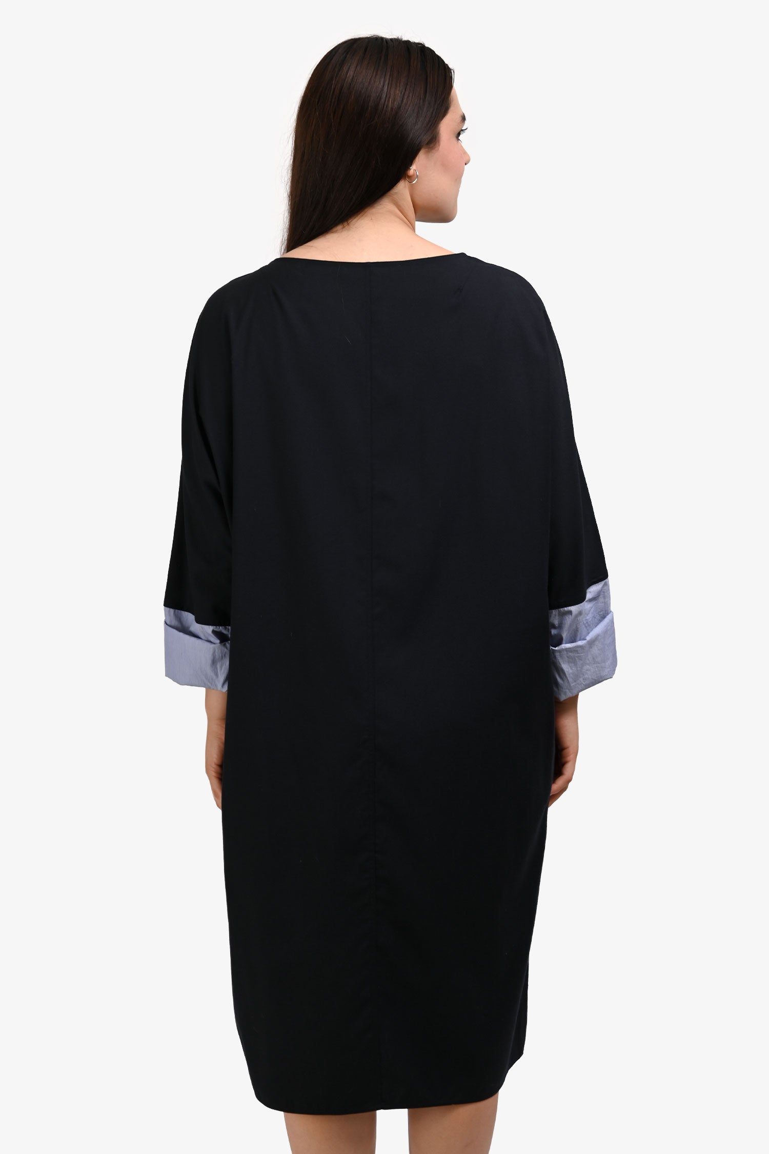 Sofie D'Hoore Black Cotton Long Sleeve Striped Cuff Sleeve Dress
