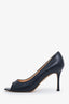 Manolo Blahnik Navy Leather Peep Toe Heels Size 39