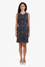 Balenciaga Navy Silk Blend Textured Floral Embroidered Sleeveless Midi Dress Size 40