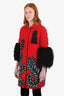 Andrew Gn Red/Black Sequin Lamb Fur Cuff Coat with Brooch
