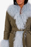 Charlotte Simone Green/Blue Faux Fur Trimmed Belted Jacket Size S