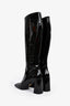 Prada Black Patent Leather Block Heel Square Toe Knee High Boots Size 40