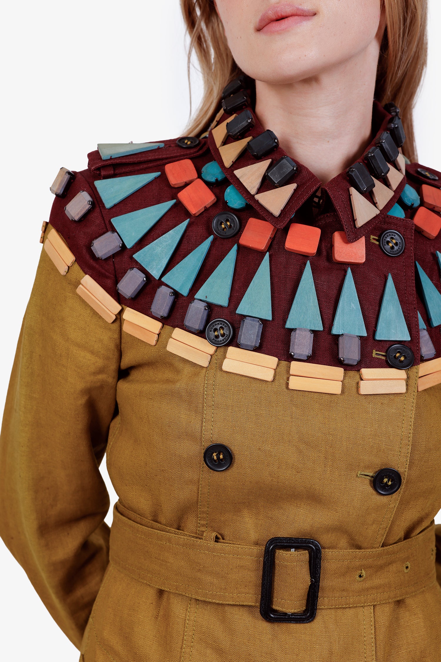 Burberry Prorsum 2012 Olive Green Linen Wood Beaded Trench Coat