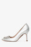 Manolo Blahnik Silver Metallic Leather Crystal Embellished Hangisi Heels Size 36.5