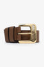 Ceinture Miu Miu en cuir marron avec boucle ajourée dorée ornée du logo, taille 75