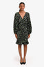 Sandro Black/Multicolour Satin Floral Ruched Long Sleeve Midi Dress Size 40