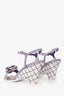 Pre-loved Chanel™ White/Purple Striped Camellia Flower Wedge Heels Size 39