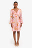 Maje Pink/Orange Satin Floral Ruched Cut-Out Long Sleeve Mini Dress Size 42