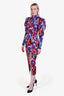Rotate Purple/Multicolour Colour-Block Floral Mock-Neck Poof Long Sleeve Midi Dress Size 2