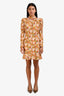 Sandro Orange Floral Crystal Neckline Long Sleeve Ruffled Mini Dress Size 38