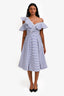 Self-Portrait White/Blue Striped Ruffle Midi Dress Size 2