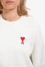Ami White Cotton Heart Embroidered Long Sleeve Crewneck Sweater Size M