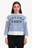 Celine White/Blue Striped Logo Printed Long Sleeve Top Size L