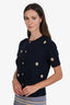 Pre-loved Chanel™ Navy Blue Cashmere Lion Camellia Short Sleeve Button Down Cardigan Size 38