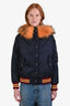 Miu Miu Navy Nylon Raccoon Fur Bomber Jacket Size 44