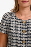 Pre-loved Chanel™ 2018 White/Navy Cotton Blend Tweed SS Owl Gold Button Mini Dress Size 40