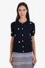 Pre-loved Chanel™ Navy Blue Cashmere Lion Camellia Short Sleeve Button Down Cardigan Size 38