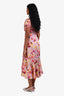 Cinq à Sept Purple/Yellow Satin Floral Ruched Short Sleeve Midi Dress Size 0