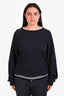 Dries Van Noten Navy Cotton White Trim Tonal Embroidered Logo Crewneck Sweater Size M