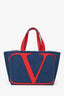 Valentino Blue/Red Denim Leather 'V' Tote Bag
