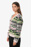 Ganni Cream/Green Wool Blend All Over Logo Graphic Button Down Cardigan Size M