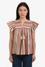 Ulla Johnson Pink/Grey Striped Cotton Blend Ruffled Shoulder Top Size 4